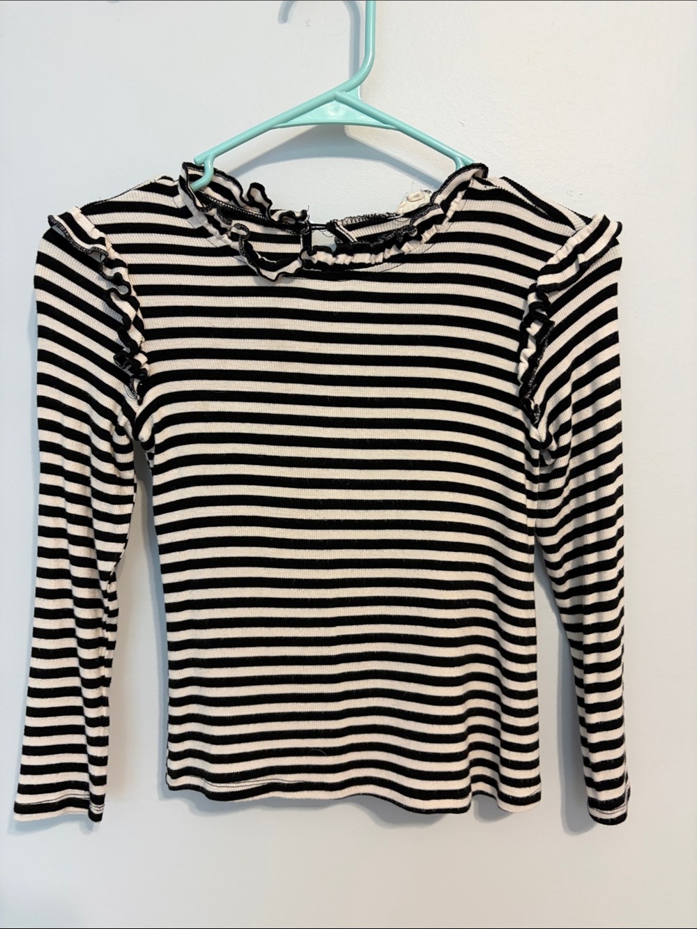 Hayden Girls Black & White Striped Ruffle-Trim Long Sleeve Top